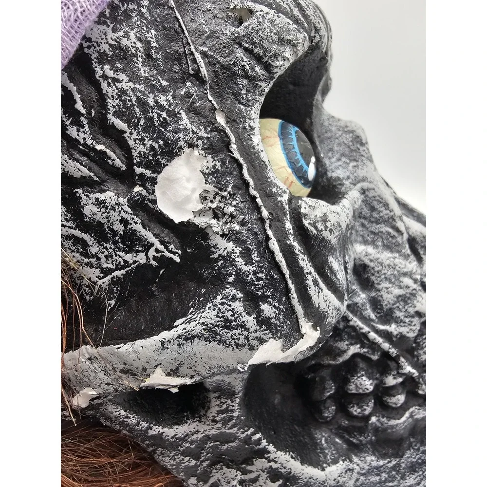 Vintage Hanging Skull Styrofoam Pirate Purple Cap Bulging‎ Eyes Halloween Prop